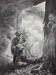 Unteroffizier John Raynes setzt Sergeant Ayres nach der Explosion einer Gasgranate seinen Rauchhelm auf, 11. Oktober 1915